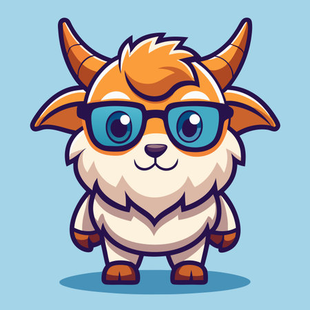 Cartoon goat wearing glasses stands on blue. Cheerful, cute, and inviting styleのイラスト素材