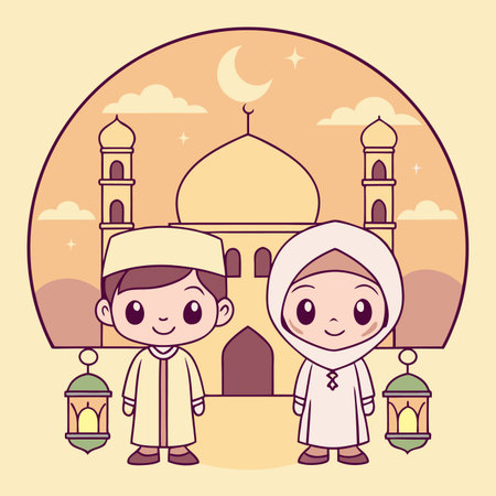 Ramadan Children standing before a mosque at night, with crescent moon, stars, and lanternsのイラスト素材