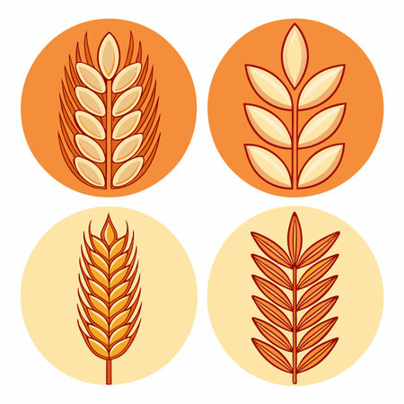 Grain icons 4 wheat stalks, various styles, in round circles, isolatedのイラスト素材