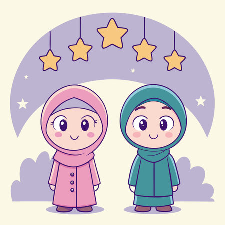 Cartoon illustration of two cute girls in hijabs under stars. Soft color paletteのイラスト素材