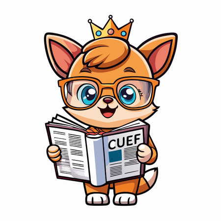 Fox cartoon reading a paper, wearing glasses and a crown. Cute character designのイラスト素材