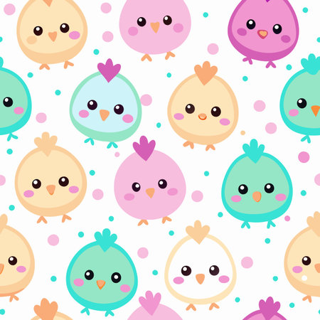 Seamless pattern with cute cartoon chicks in pastel colors and polka dots on a white backgroundのイラスト素材