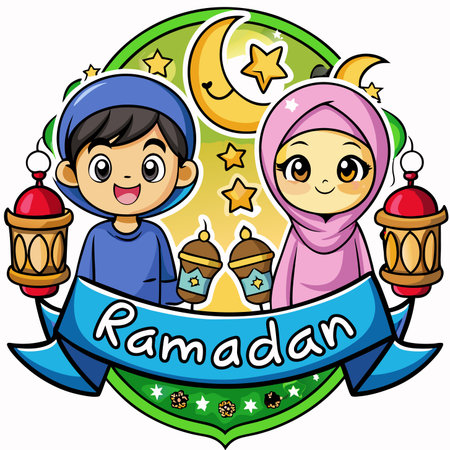 Children celebrate Ramadan with crescent moon, stars, lanterns, and banner in a festive designのイラスト素材