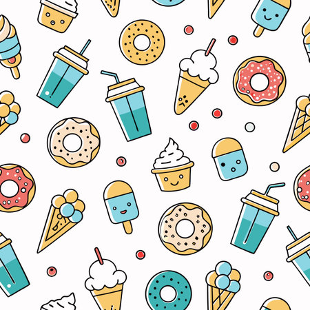 Patterned sweets donuts, ice cream, drinks, cupcakes