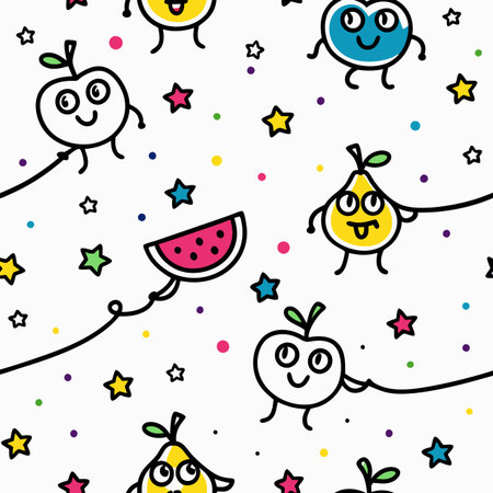 Cute, colorful cartoon fruit and star seamless pattern on white backgroundのイラスト素材