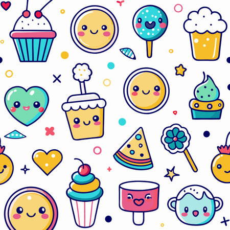 Cute, colorful dessert icons and shapes pattern on a white backdrop with various food itemsのイラスト素材