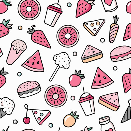 Colorful seamless pattern of sweets, fruits, and desserts on a white background