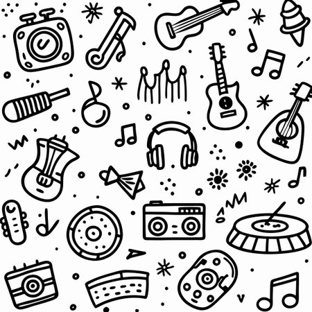 Musical instruments, accessories, and accents in a black and white doodle illustration styleのイラスト素材