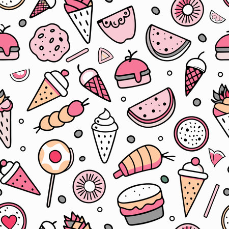 Pink treats pattern ice cream, cake, fruit, cookies and candy on white
