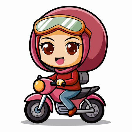 Cute cartoon girl with helmet driving a motorbike, smiling, wearing pink hijab and blue jeansのイラスト素材