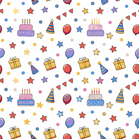 Birthday themed seamless pattern with cake, balloons, gifts, stars, and party hats on whiteのイラスト素材