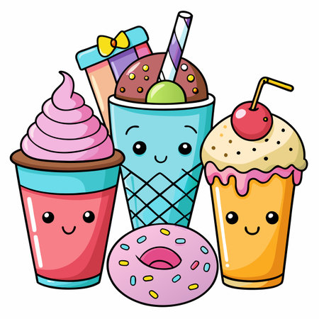 Cartoon desserts drinks, ice cream, and donut with cute faces and vibrant colors. Isolated on whiteのイラスト素材