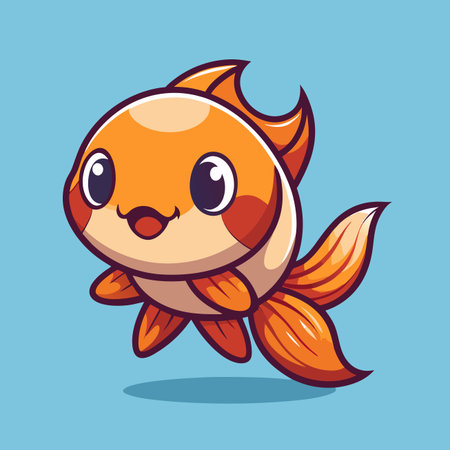 Cartoonish orange goldfish with big eyes and fins, smiling, against a blue backgroundのイラスト素材