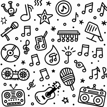Music icons pattern. Black and white musical notes, microphone, and musical instrumentsのイラスト素材