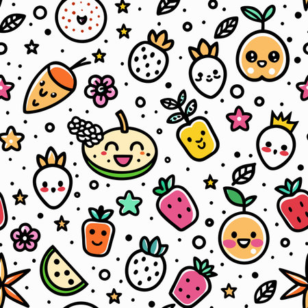 Cute cartoon food characters, seamless pattern. Cheerful veggies, fruits, flowers, and stars on...