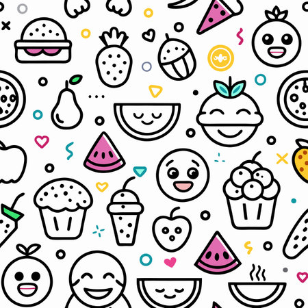 Playful pattern cute food and smiley faces. Outlined, black and whiteのイラスト素材