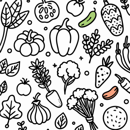 Vegetable doodles pepper, tomato, eggplant, carrot, broccoli, greens, more