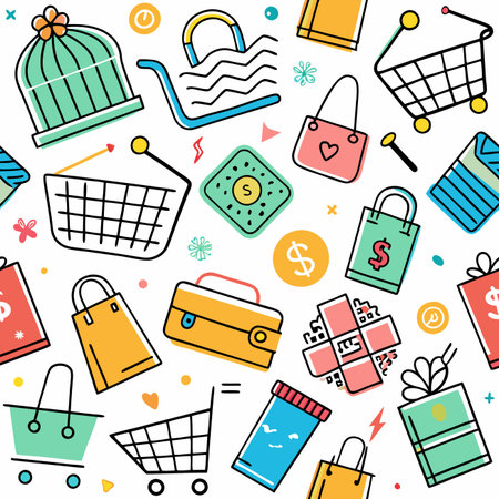 Shopping doodles seamless bags, carts, wallets, and more in a colorful, patterned illustrationのイラスト素材
