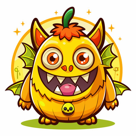 Cute pumpkin monster with wings, collar, and large eyes against a yellow circle backdropのイラスト素材