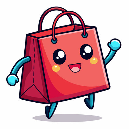 Cartoon bag Red, cute face, handles, and little arms and legs in a cheerful poseのイラスト素材