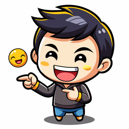 Cartoon boy laughing, pointing toward an emojiのイラスト素材