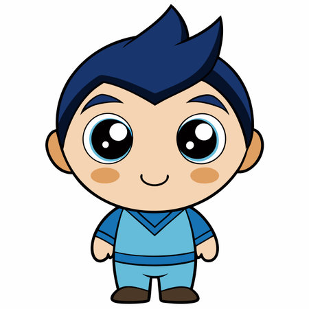 Cartoon character with big eyes, blue hair and clothing. Simple backgroundのイラスト素材