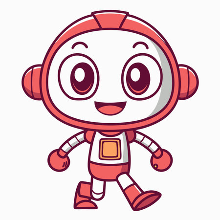 Cute cartoon robot character with red and white color scheme happily walking forwardのイラスト素材
