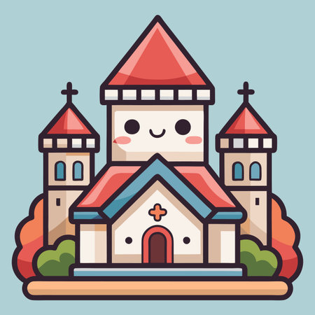 Cute cartoon church illustration with red roof, towers, and happy faceのイラスト素材
