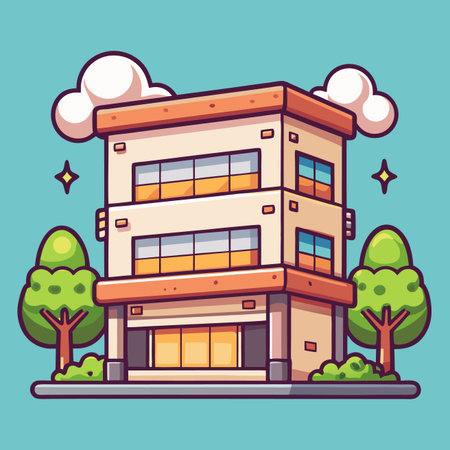 Cartoon house with trees and clouds. Cute, colorful, two-story structureのイラスト素材