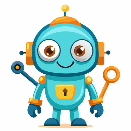 Cute cartoon robot with big eyes, smiling, holding a stick and a ringのイラスト素材