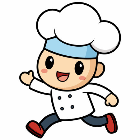 Cheerful cartoon chef runs, smiling, wearing white uniform and chef's hatのイラスト素材