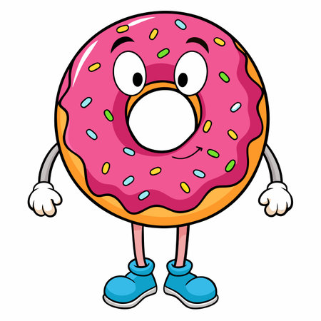 Pink glazed donut cartoon character with sprinkles, wearing shoesのイラスト素材