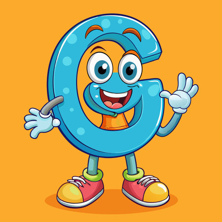 Animated blue letter "G" character waving on an orange backgroundのイラスト素材