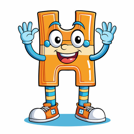 Letter H character. Cartoon style with arms, legs and shoes, smiling and waving handsのイラスト素材