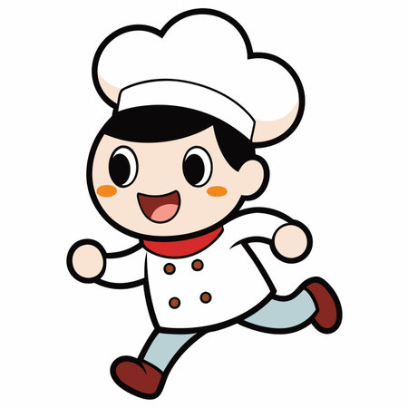 Cartoon chef runs, wearing white uniform and hat, happyのイラスト素材