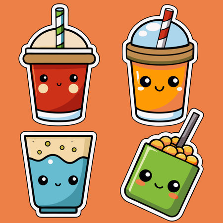 Cute drinks sticker sheet, colorful straws, cheerful faces on drinks, orange backgroundのイラスト素材