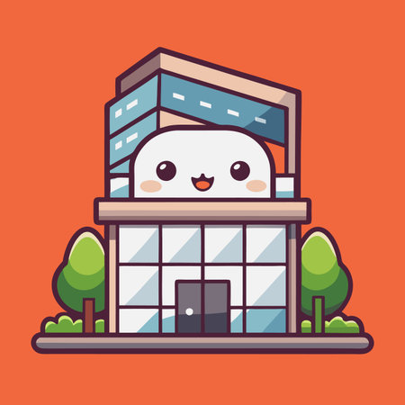 Building with cute face in window, trees. Simple, cartoon style against an orange backdropのイラスト素材