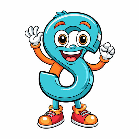 Cartoon character "S" with a happy face, arms raised, wearing shoes, stands on white backgroundのイラスト素材