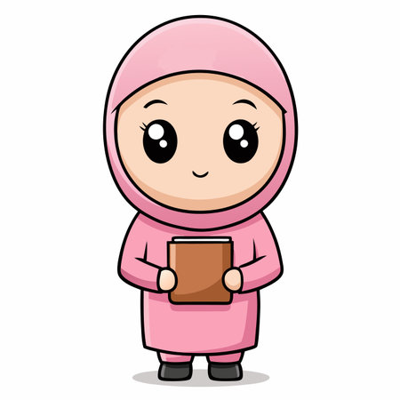 Muslim girl illustration with pink hijab holds a book. Simple cartoon style, cute faceのイラスト素材