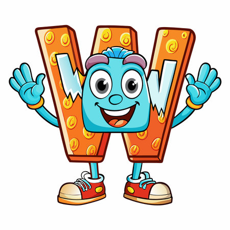 Letter 'W' character, blue-skinned, wearing sneakers, grinning, with orange brick patternのイラスト素材