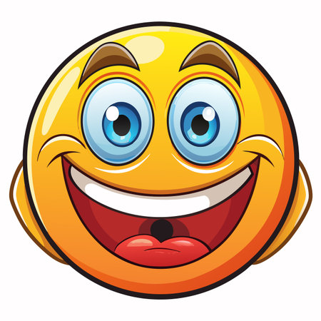 A cheerful, cartoon smiley face with big eyes and a wide, open mouth, expressing joy and happinessのイラスト素材