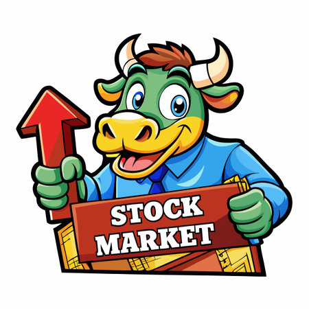 Cartoon bull mascot holding up a rising arrow and a stock market signのイラスト素材