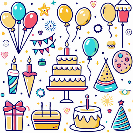 Colorful birthday party icons, including balloons, cakes, candles, and party hatsのイラスト素材