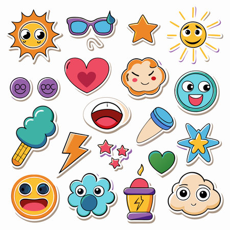 Collection of colorful cartoon stickers, featuring various faces, sun, hearts, clouds, stars, and ice creamのイラスト素材
