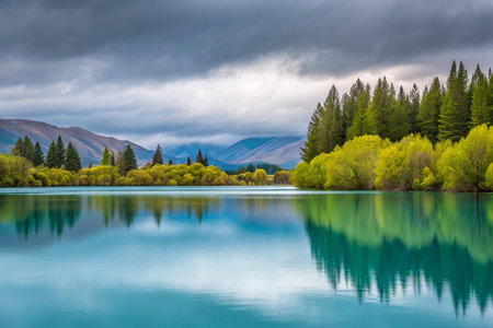 Serene lake reflection, mountains, spring trees, moody sky, travel posterの素材