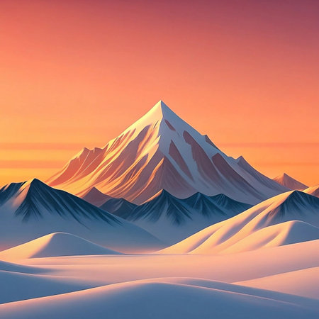 Sunset snow mountain landscape, digital art, serene background, travel posterの素材