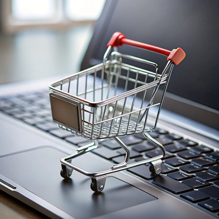 Shopping cart on laptop. Metal cart, online purchase concept with neutral background and focusの素材