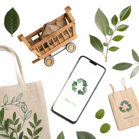 Ecology A mobile phone with a recycling symbol surrounded by organic themed elements on a white backgroundの素材