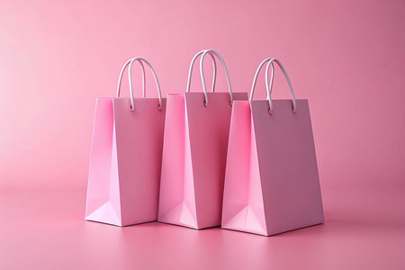 Pink shopping bags on pink background, retail sale conceptの素材