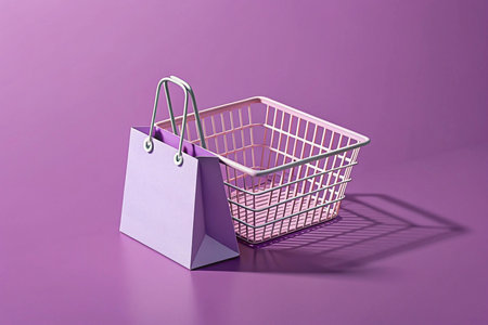 Purple shopping bag beside empty basket on purple background; online retailの素材